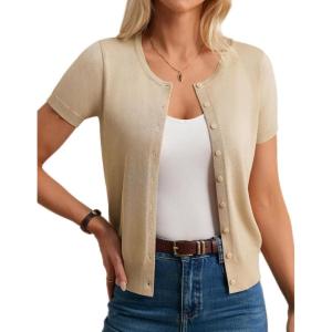 imageWomens Short Sleeve Cardigan Crew Neck Basic Casual Button Down Knit Soft SweaterLight Apricot