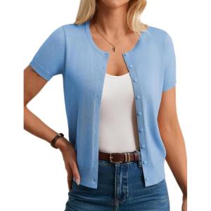 imageWomens Short Sleeve Cardigan Crew Neck Basic Casual Button Down Knit Soft SweaterLight Blue