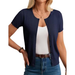 imageWomens Short Sleeve Cardigan Crew Neck Basic Casual Button Down Knit Soft SweaterNavy