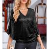 imageGRACE KARIN Womens Sequin Tops 34 Sleeve Glitter Sparkly Shimmer Party Dressy Blouse VNeck Disco Club Concert ShirtsBlack