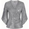 imageGRACE KARIN Womens Sequin Tops 34 Sleeve Glitter Sparkly Shimmer Party Dressy Blouse VNeck Disco Club Concert ShirtsSilver Gray