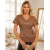 imageGRACE KARIN Womens V Neck Sequin Top Ruffle Sleeve Shirt 2025 Fall Trendy Outfits Side Tie Peplum BlouseBrown