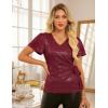 imageGRACE KARIN Womens V Neck Sequin Top Ruffle Sleeve Shirt 2025 Fall Trendy Outfits Side Tie Peplum BlouseBurgundy