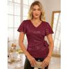 imageGRACE KARIN Womens V Neck Sequin Top Ruffle Sleeve Shirt 2025 Fall Trendy Outfits Side Tie Peplum BlouseBurgundy