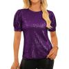 imageGRACE KARIN Womens Full Sequin Tops Sparkle Glitter Blouses Lantern Short Sleeve Shirts Dressy Party Concert OutfitsPurple