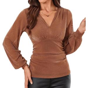 imageGRACE KARIN Glitter Womens Dressy Casual Tops with Long Sleeve V Neck Elegant Shirts 2025 Sparkly Blouses for PartyBrown