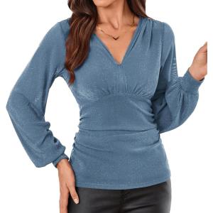 imageGRACE KARIN Glitter Womens Dressy Casual Tops with Long Sleeve V Neck Elegant Shirts 2025 Sparkly Blouses for PartyGrey Blue