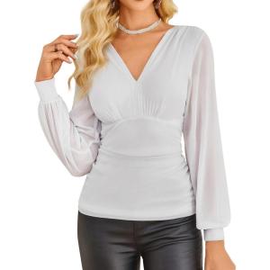 imageGRACE KARIN Glitter Womens Dressy Casual Tops with Long Sleeve V Neck Elegant Shirts 2025 Sparkly Blouses for PartyWhite