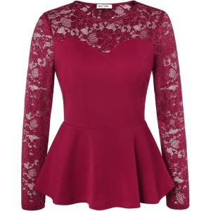 imageGRACE KARIN Womens Dressy Tops Elegant Lace Peplum Blouse 2025 Fall Fashion Formal Crew Neck Long Sleeve ShirtsBurgundy