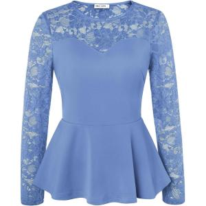 imageGRACE KARIN Womens Dressy Tops Elegant Lace Peplum Blouse 2025 Fall Fashion Formal Crew Neck Long Sleeve ShirtsGrey Blue