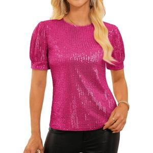imageGRACE KARIN Womens Full Sequin Tops Sparkle Glitter Blouses Lantern Short Sleeve Shirts Dressy Party Concert OutfitsRose Red