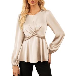 imageGRACE KARIN Womens Long Sleeve Blouse Dressy 2025 Satin Silk Crew Neck High Waist Peplum Shirts Work Business Casual TopsApricot