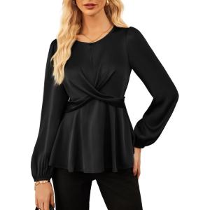 imageGRACE KARIN Womens Long Sleeve Blouse Dressy 2025 Satin Silk Crew Neck High Waist Peplum Shirts Work Business Casual TopsBlack