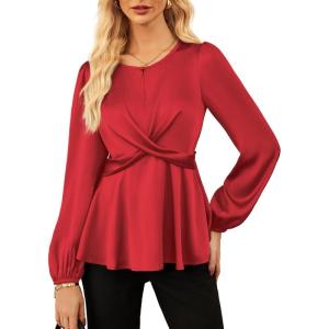 imageGRACE KARIN Womens Long Sleeve Blouse Dressy 2025 Satin Silk Crew Neck High Waist Peplum Shirts Work Business Casual TopsDark Red