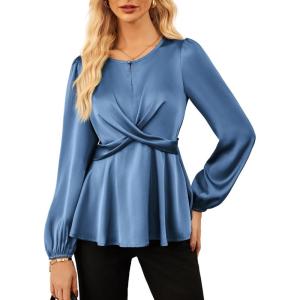 imageGRACE KARIN Womens Long Sleeve Blouse Dressy 2025 Satin Silk Crew Neck High Waist Peplum Shirts Work Business Casual TopsGrey Blue