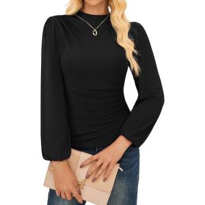 imageGRACE KARIN Womens Long Sleeve Ruched Tops Mock Neck Slim Fit Y2K Going Out Blouses 2025 Fall Trendy Tight ShirtsBlack
