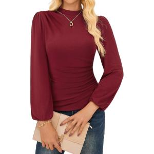 imageGRACE KARIN Womens Long Sleeve Ruched Tops Mock Neck Slim Fit Y2K Going Out Blouses 2025 Fall Trendy Tight ShirtsBurgundy