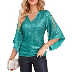imageGRACE KARIN Womens Sequin Tops 34 Sleeve Glitter Sparkly Shimmer Party Dressy Blouse VNeck Disco Club Concert ShirtsAqua Green