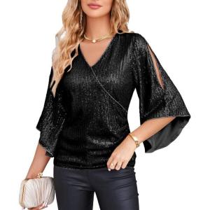 imageGRACE KARIN Womens Sequin Tops 34 Sleeve Glitter Sparkly Shimmer Party Dressy Blouse VNeck Disco Club Concert ShirtsBlack