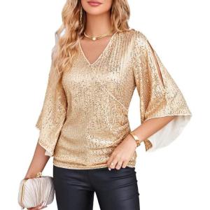 imageGRACE KARIN Womens Sequin Tops 34 Sleeve Glitter Sparkly Shimmer Party Dressy Blouse VNeck Disco Club Concert ShirtsChampagne