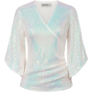 imageGRACE KARIN Womens Sequin Tops 34 Sleeve Glitter Sparkly Shimmer Party Dressy Blouse VNeck Disco Club Concert ShirtsColorful Silvery