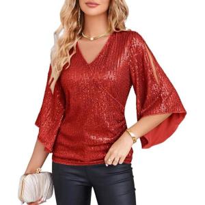 imageGRACE KARIN Womens Sequin Tops 34 Sleeve Glitter Sparkly Shimmer Party Dressy Blouse VNeck Disco Club Concert ShirtsRed