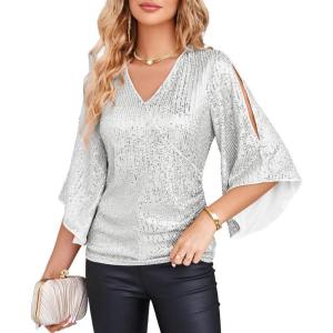 imageGRACE KARIN Womens Sequin Tops 34 Sleeve Glitter Sparkly Shimmer Party Dressy Blouse VNeck Disco Club Concert ShirtsSilver