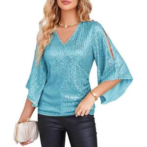 imageGRACE KARIN Womens Sequin Tops 34 Sleeve Glitter Sparkly Shimmer Party Dressy Blouse VNeck Disco Club Concert ShirtsSky Blue