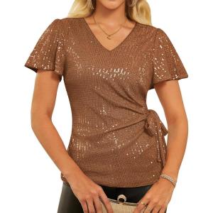 imageGRACE KARIN Womens V Neck Sequin Top Ruffle Sleeve Shirt 2025 Fall Trendy Outfits Side Tie Peplum BlouseBrown