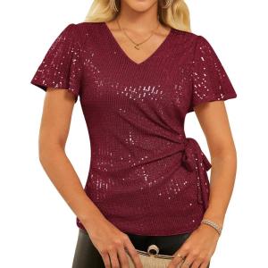 imageGRACE KARIN Womens V Neck Sequin Top Ruffle Sleeve Shirt 2025 Fall Trendy Outfits Side Tie Peplum BlouseBurgundy
