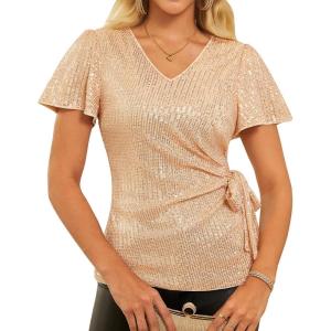 imageGRACE KARIN Womens V Neck Sequin Top Ruffle Sleeve Shirt 2025 Fall Trendy Outfits Side Tie Peplum BlouseChampagne