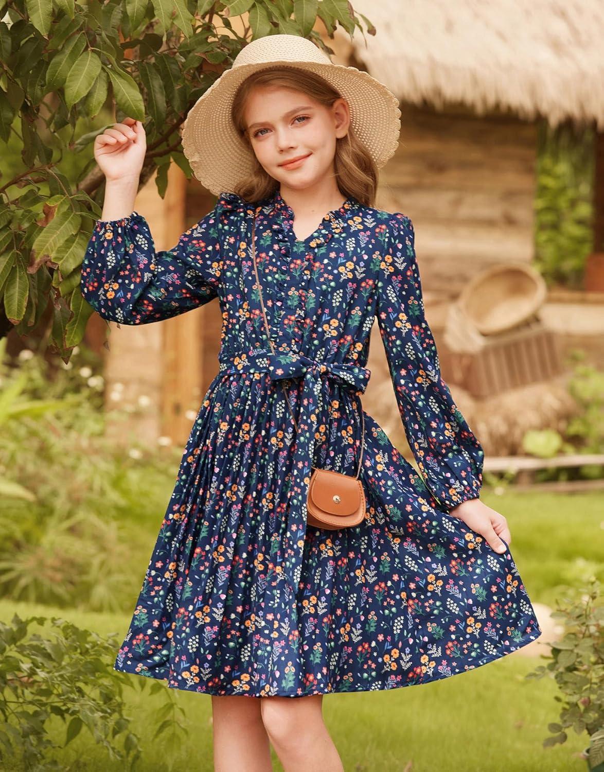 imageGRACE KARIN Girls Long Sleeve Fall Dresses Floral Hawaiian Party Dress for Teen Casual Pleated Outfits Size 614YNavy Bluecolorful Floral
