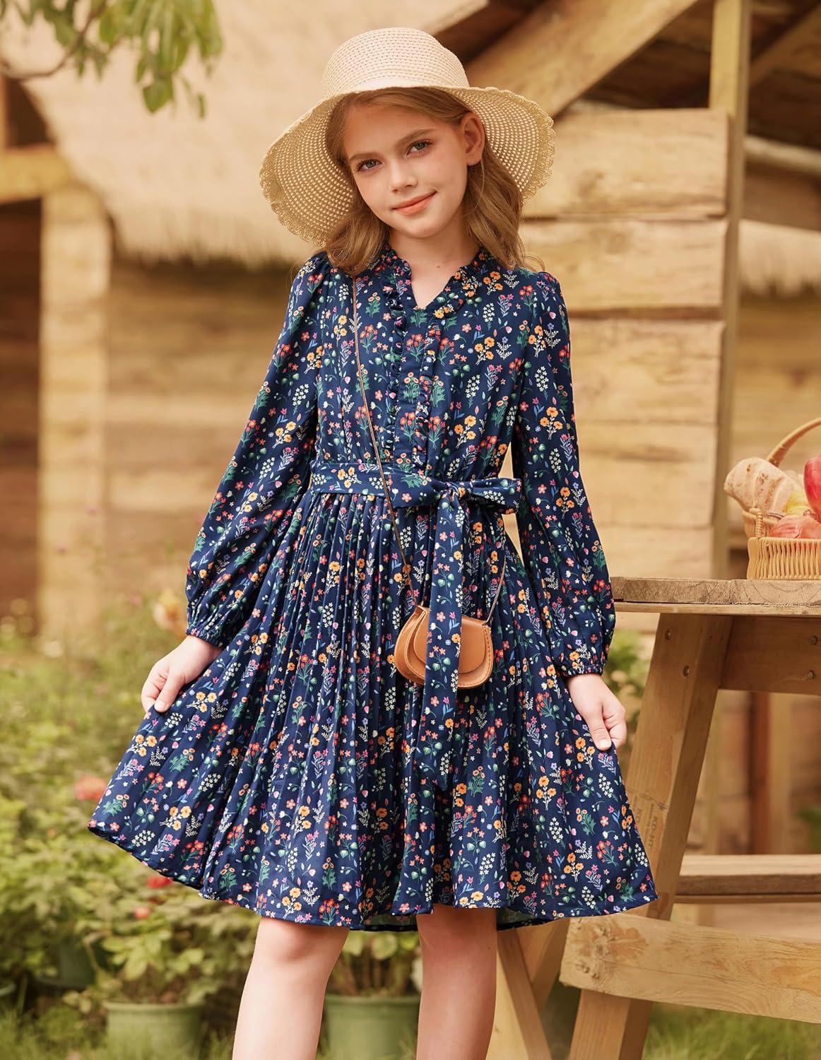 imageGRACE KARIN Girls Long Sleeve Fall Dresses Floral Hawaiian Party Dress for Teen Casual Pleated Outfits Size 614YNavy Bluecolorful Floral