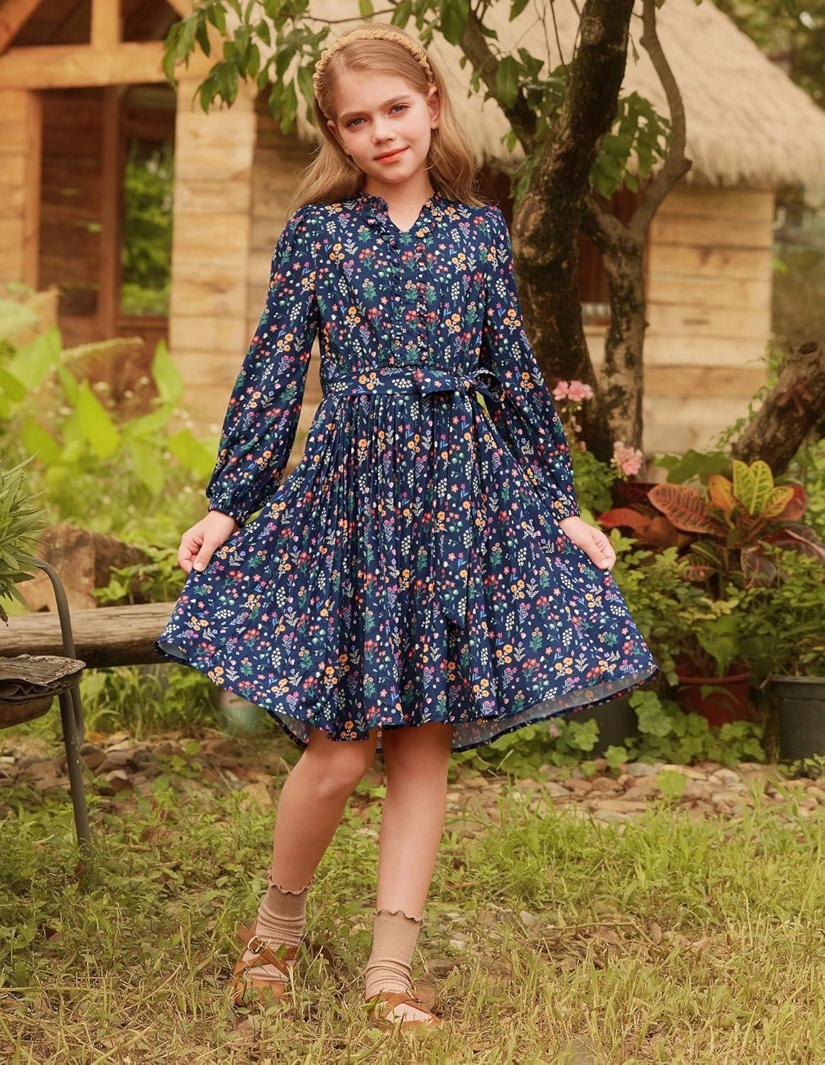 imageGRACE KARIN Girls Long Sleeve Fall Dresses Floral Hawaiian Party Dress for Teen Casual Pleated Outfits Size 614YNavy Bluecolorful Floral