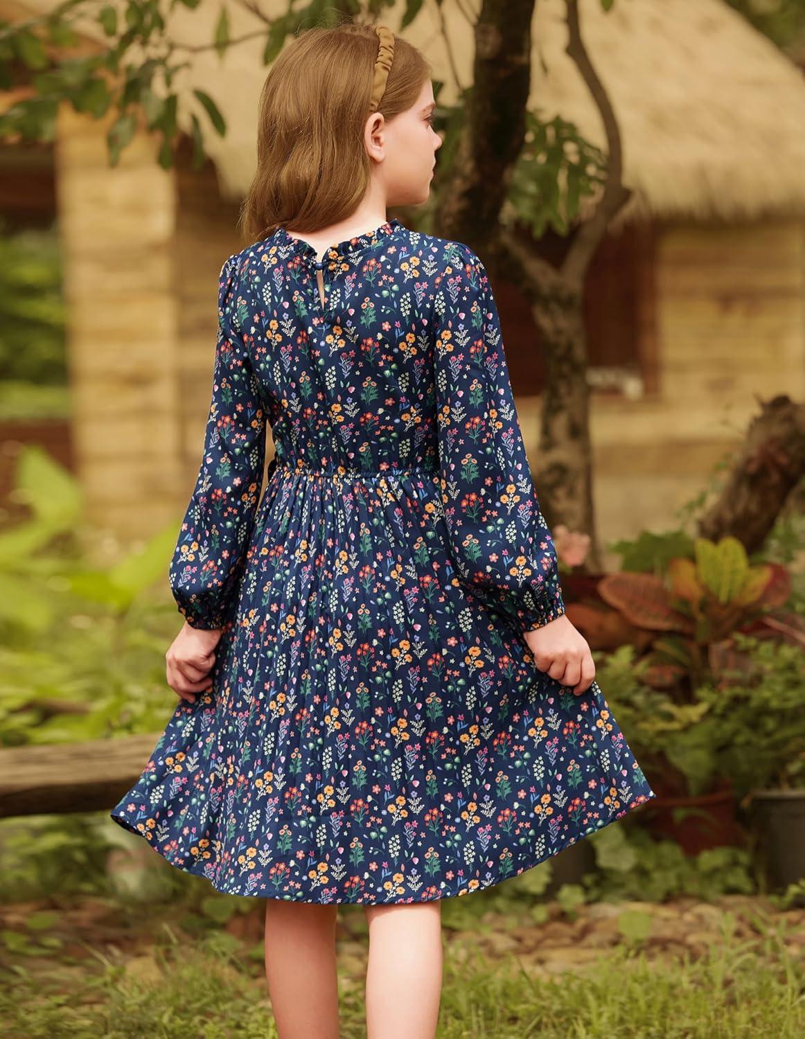 imageGRACE KARIN Girls Long Sleeve Fall Dresses Floral Hawaiian Party Dress for Teen Casual Pleated Outfits Size 614YNavy Bluecolorful Floral
