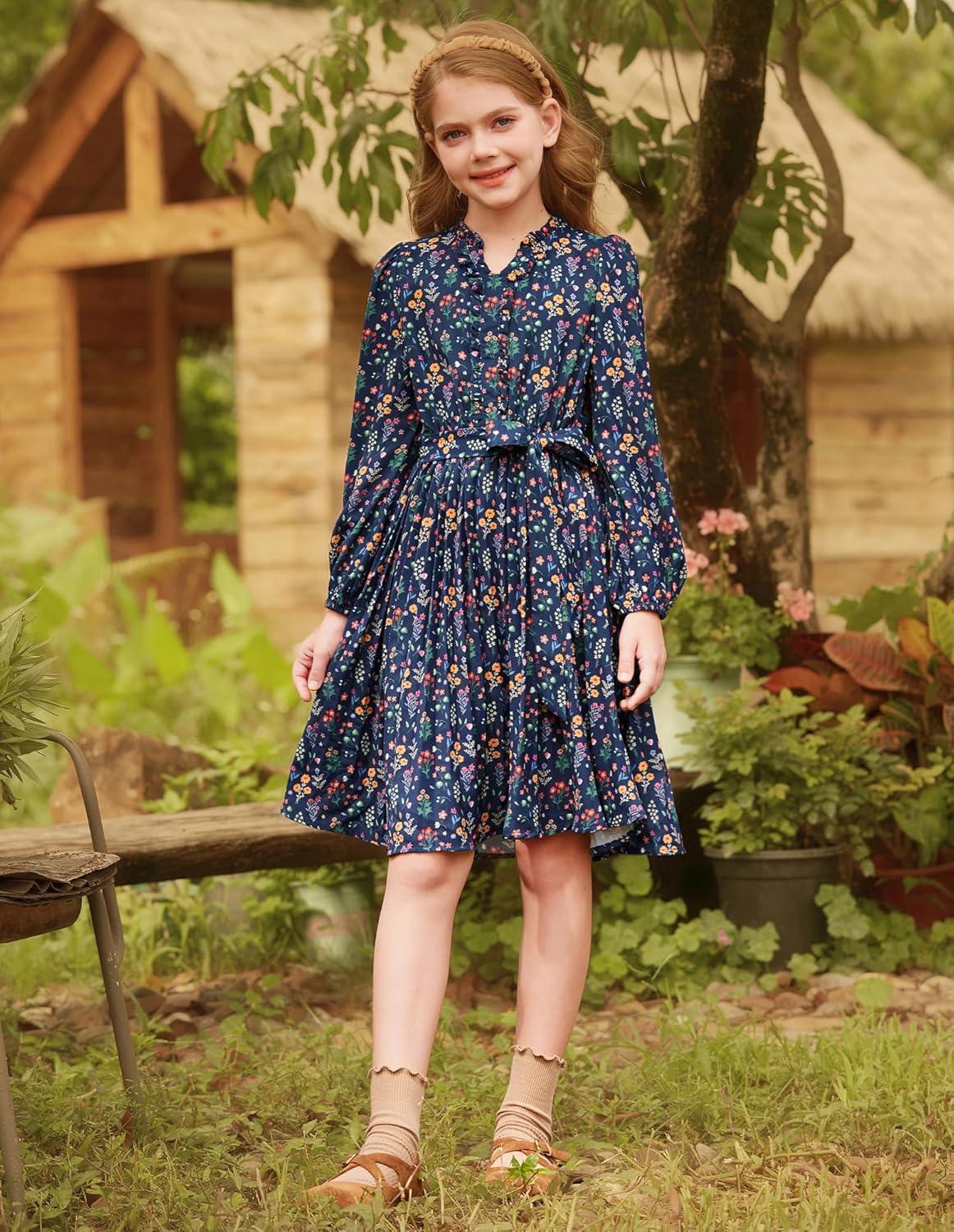 imageGRACE KARIN Girls Long Sleeve Fall Dresses Floral Hawaiian Party Dress for Teen Casual Pleated Outfits Size 614YNavy Bluecolorful Floral