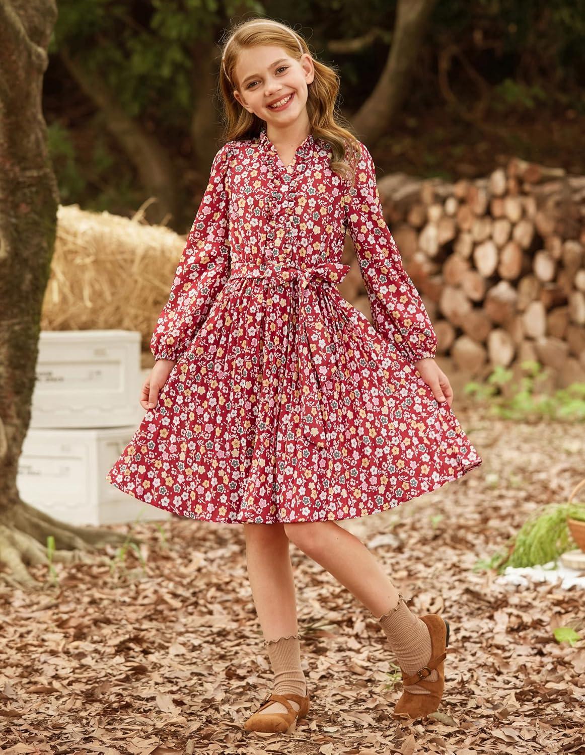 imageGRACE KARIN Girls Long Sleeve Fall Dresses Floral Hawaiian Party Dress for Teen Casual Pleated Outfits Size 614YWine Redcolorful Floral