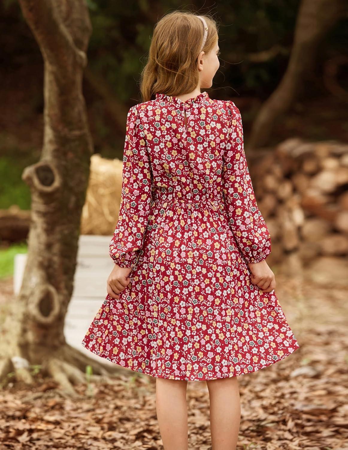imageGRACE KARIN Girls Long Sleeve Fall Dresses Floral Hawaiian Party Dress for Teen Casual Pleated Outfits Size 614YWine Redcolorful Floral