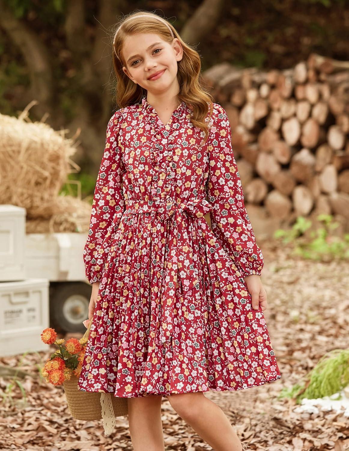imageGRACE KARIN Girls Long Sleeve Fall Dresses Floral Hawaiian Party Dress for Teen Casual Pleated Outfits Size 614YWine Redcolorful Floral