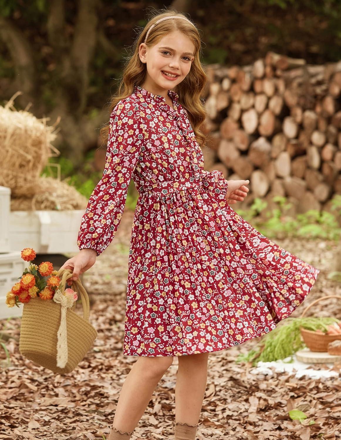 imageGRACE KARIN Girls Long Sleeve Fall Dresses Floral Hawaiian Party Dress for Teen Casual Pleated Outfits Size 614YWine Redcolorful Floral