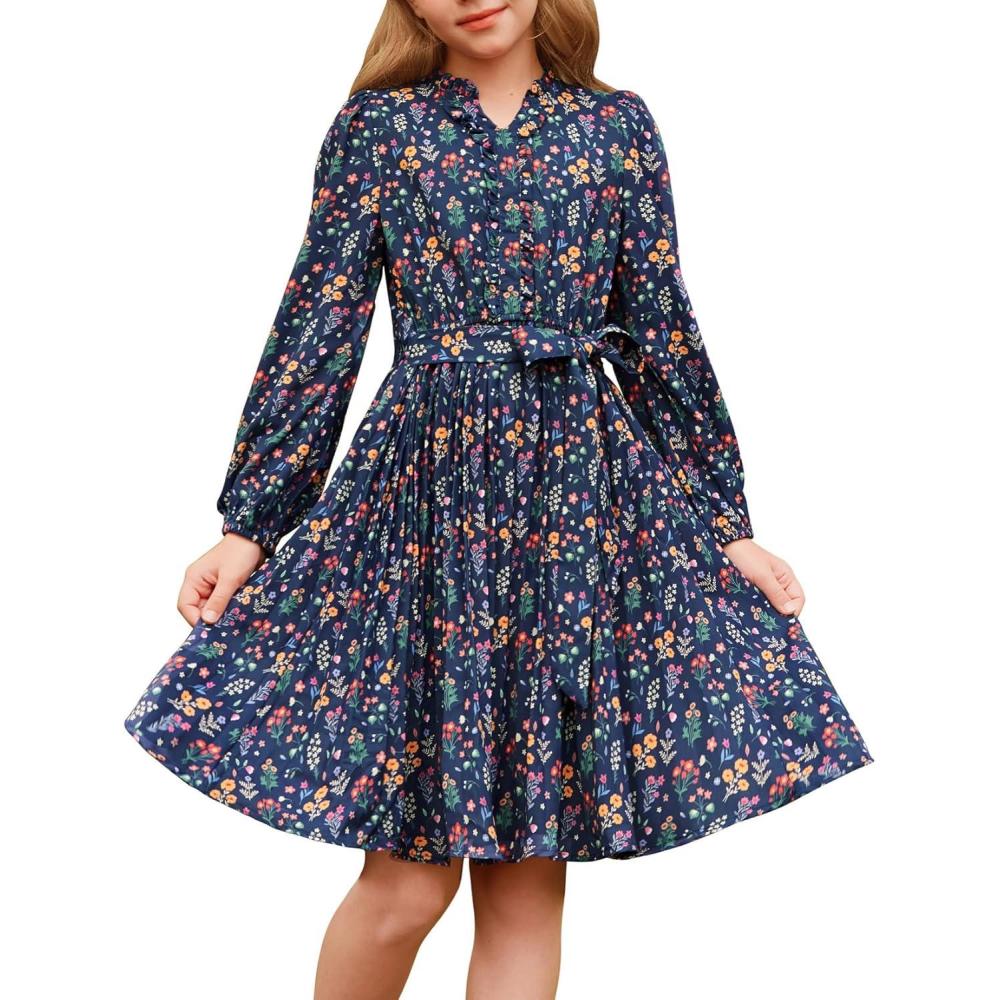 imageGRACE KARIN Girls Long Sleeve Fall Dresses Floral Hawaiian Party Dress for Teen Casual Pleated Outfits Size 614YNavy Bluecolorful Floral
