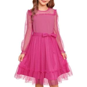 imageGRACE KARIN Girls Contrast Mesh Dress Party Birthday Formal Kids Long Sleeve ALine Tulle Dresses for 612 YearsHot Pink