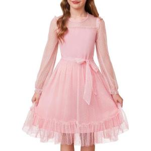 imageGRACE KARIN Girls Contrast Mesh Dress Party Birthday Formal Kids Long Sleeve ALine Tulle Dresses for 612 YearsPink