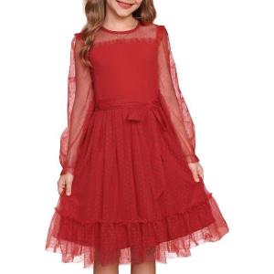imageGRACE KARIN Girls Contrast Mesh Dress Party Birthday Formal Kids Long Sleeve ALine Tulle Dresses for 612 YearsRed