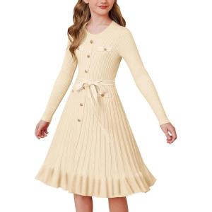 imageGRACE KARIN Girls Fall Sweater Dress Tween Long Sleeve Fashion Button Front Fancy Ruffle Winter Casual Dresses Size 614Cream