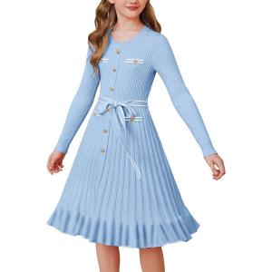 imageGRACE KARIN Girls Fall Sweater Dress Tween Long Sleeve Fashion Button Front Fancy Ruffle Winter Casual Dresses Size 614Light Blue