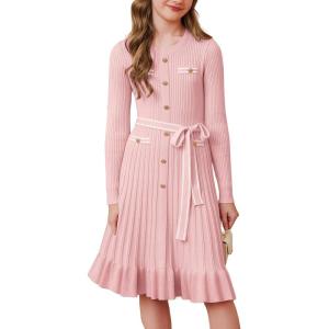 imageGRACE KARIN Girls Fall Sweater Dress Tween Long Sleeve Fashion Button Front Fancy Ruffle Winter Casual Dresses Size 614Pink