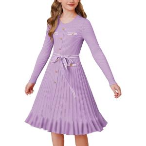 imageGRACE KARIN Girls Fall Sweater Dress Tween Long Sleeve Fashion Button Front Fancy Ruffle Winter Casual Dresses Size 614Purple