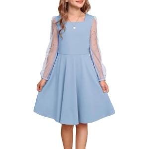 imageGRACE KARIN Girls Long Sleeve Dress Party Formal Contrast Mesh Puff High Waist Tie Square Neck 612 YearsLight Blue