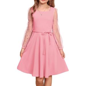 imageGRACE KARIN Girls Long Sleeve Dress Party Formal Contrast Mesh Puff High Waist Tie Square Neck 612 YearsPink